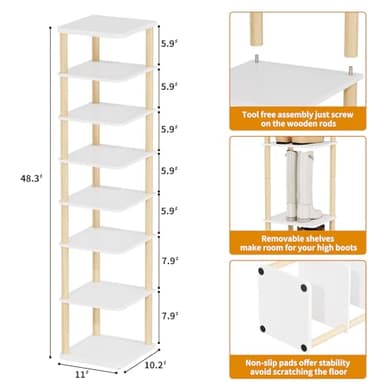 LUCKNOCK Vertical Shoe Rack, 8-Tier Tall Narrow Shoe Organizer for Entryway, Closet, Dorm & Small Spaces, Freestanding White Wooden Shoe Shelf Tower for Boots, Sneakers, Heels. - Image 2
