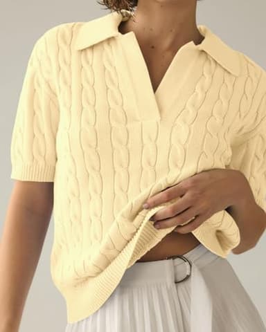 Imily Bela Women's Cable Short Sleeve Sweaters Tops Solid Lapel V Neck Knit Casual Soft Pullover Shirt Light Yellow - Image 2