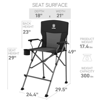 EVER ADVANCED Tall Directors Chair with Cup Holder 31", Bar Height Folding Chair for Camping, Sports with Carry Bag, Mesh Pockets and Footrest, Heavy Duty 300 lbs, Black - Image 3