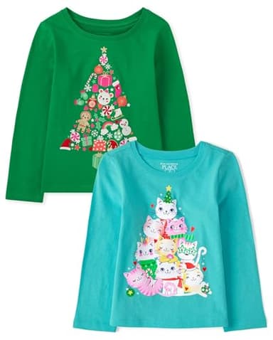 The Children's Place Baby Girls' and Toddler All Holidays Long Sleeve Graphic T-Shirts,Multipacks, Christmas Tree/Cat Tree 2-Pack - Image 1