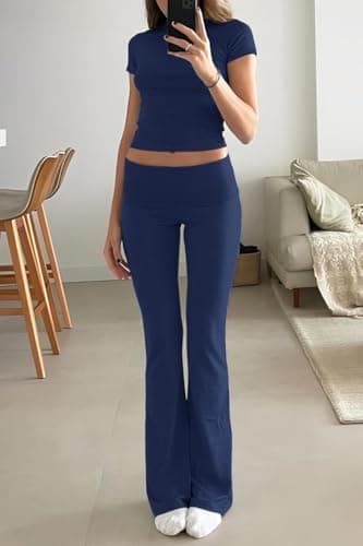 ZFLM Casual Workout Two Piece Outfits for Women Short Sleeve Crop High Waist Foldover Flare Pants Tracksuit Sets Streetwear - Image 2