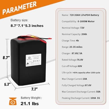 BtrPower 72V Ebike Battery 20AH 25AH 30AH 35AH Lithium ion / LiFeO4 Battery Pack with 5A Charger 50A BMS for 1000W 1500W 1800W 2000W Motor (72V 20AH) - Image 3