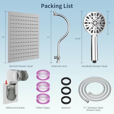 Hibbent All Metal Shower Head, 10'' High Pressure Rainfall Shower Head/Handheld Showerhead Combo with 12'' Adjustable Curve Shower Extension Arm, 10 Sprays, 71'' Shower Hose, Showerhead Holder, Chrome - Image 7