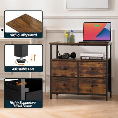 Yoobure Night Stand with Charge Station, Nightstand with 4 Drawers Bedside Table, LED Dresser with Storage Shelf, Night Stands for Bedroom, Side Table 3-Tier Wood End Table for Home Rustic Brown - Image 5
