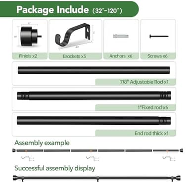Curtain Rods for Windows 66 to 120, 1 Inch Adjustable Black Curtain Rod, Heavy Duty Long Window Drapery Rods with End Caps, Modern Style Indoor Outdoor Curtain Rods for Patio Bedroom, Size 32"-120" - Image 6