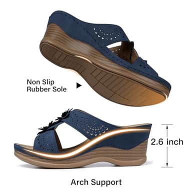 TEMOFON Womens Wedge Sandals Leather: Low Heels Platform Women Summer Wedge Sandals Navy Dressy Slip on Casual Comfortable Walking Size 10 - Image 5