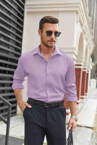 COOFANDY MMen's Business Dress Shirts Wrinkle Free Long Sleeve Regular Fit Casual Button Down Shirts Lavender M - Image 3