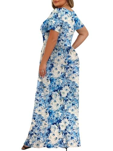 Womens Plus Size Maxi Dresses Summer 2025 Casual Short Sleeve with Pockets Long Dress White Chrysanthemum 1X - Image 4
