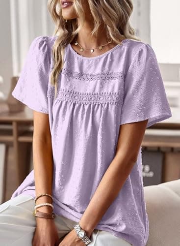 Falechay Purple Plus Size Tops Solid Babydoll Chiffon Pom Pom Short Sleeve Womens Button Down Blouse Cute Bohemian Crewneck Fall XXXL - Image 2