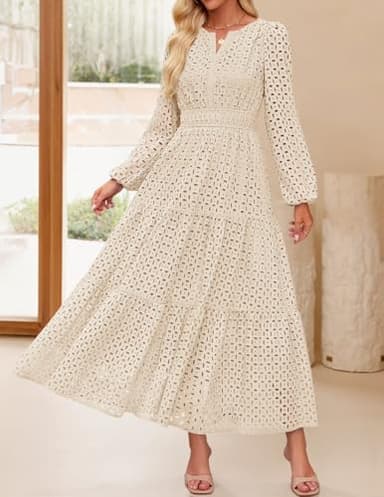 ZESICA Women's 2025 Fall Long Sleeve Maxi Dress V Neck Hollow Out Eyelet A Line Long Flowy Casual Party Dresses Apricot Medium - Image 8