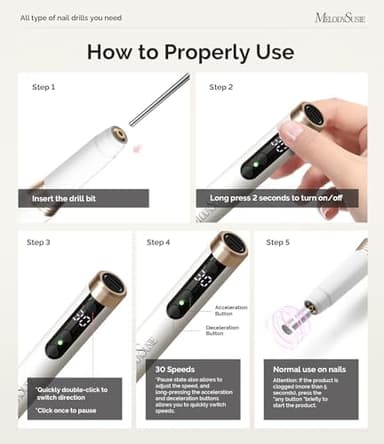 MelodySusie Pen-Shaped Ultra-Slim Cordless Nail Drill, PM170F 30000RPM Portable Rechargeable Electric File with LED Display for All Manicure, Nail Care, Shaping & Gel Removal for Advanced Home Use - Image 5