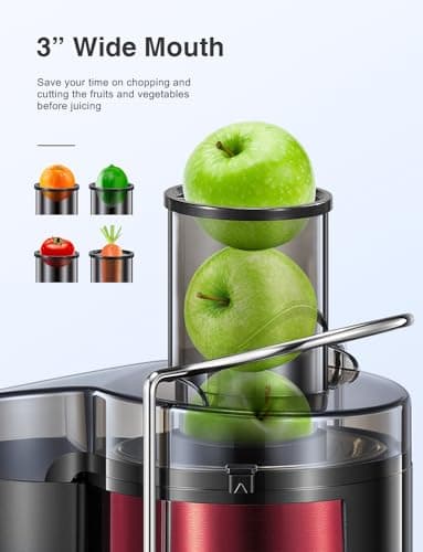 QCen Juicer Machine, 500W Centrifugal Juicer Extractor with Wide Mouth 3” Feed Chute for Fruit Vegetable, Easy to Clean, Stainless Steel, BPA-free (Metallic Red) - Image 2