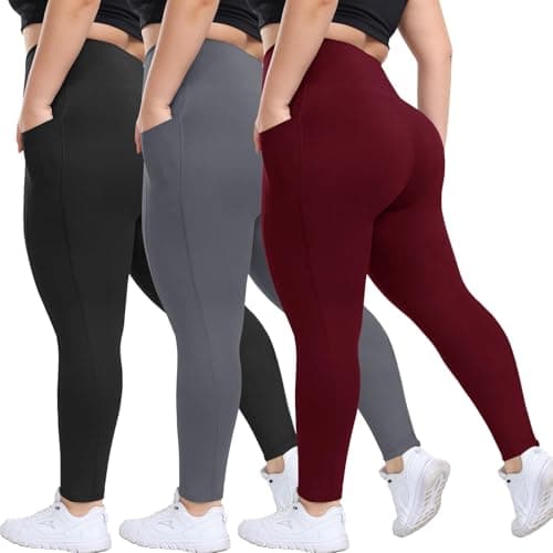 HLTPRO 3 Pack Plus Size Leggings with Pockets for Women - Black High Waisted Tummy Control Soft Yoga Pants for Gym Workout - Image 1