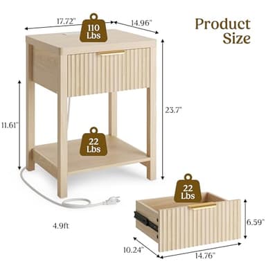 Lulive Night Stand Set 2, Fluted Nightstand with Charging Station, Wood Modern Bedside End Table with Storage Drawer for Bedroom, Save Space (Set of 2, Natural Oak) - Image 3
