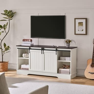 Yaheetech TV Stand for 65 Inch TV, Farmhouse Entertainment Center with Sliding Barn Doors, TV Media Console for Living Room, White & Espresso - Image 9