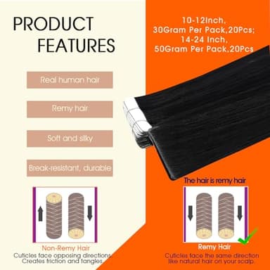 Full Shine Tape in Extensions Color 1 Jet Black Injection Human Hair Extensions Straight Machine Remy Insert Tape in Hair for Women 24Inch Seamless Skin Weft 50Gram 20Pcs Natural Invisible - Image 2