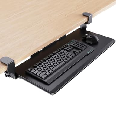 HUANUO Keyboard Tray Under Desk, Pull Out Keyboard Tray with C Clamp Mount, 26.5″ W x 11.8″ D Slide Out Computer Keyboard Drawer Mouse Tray for Typing, Black - Image 1