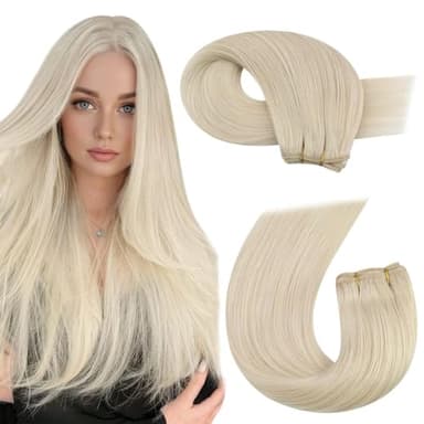 Moresoo Weft Hair Extensions Human Hair Blonde Double Weft Sew in Human Hair Extensions Golden Platinum Blonde Hair Wefts Human Hair Sew in Extensions Blonde Remy Hair 100G 22Inch - Image 1