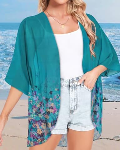 Kimonos for Women Beach Cover up Summer Tops Floral Cardigan Hawaiian Shirts Open Front Resort Wear (Blue Green Flowers,2XL) - Image 3
