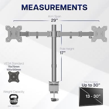 VIVO Dual Monitor Desk Mount, Heavy Duty Fully Adjustable Steel Stand, Holds 2 Computer Screens up to 30 inches and Max 22lbs Each, Gray Color, STAND-V002-GY - Image 5