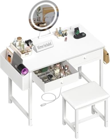 Makeup Vanity Desk with Mirror and Lights - Girls White Vanity Table Set with Chair, Fabric Drawers, Power Outlet, Small Modern Make Up Dressing Table for Bedroom - Image 1
