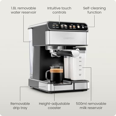 Chefman CaféMaster Pro Espresso Machine, Brew Single or Double Shots, Coffee Maker with Built-In Milk Frother for Cappuccino & Latte, XL 1.8 Liter Removable Water Reservoir - Stainless Steel - Image 7