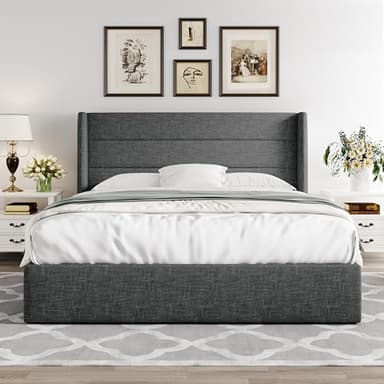 Allewie Queen Size Lift Up Storage Bed, Modern Wingback Headboard, Hydraulic Support, No Box Spring Needed, Dark Grey - Image 7