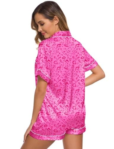 SWOMOG Womens Silk Satin Pajamas Set Two-piece Pj Sets Sleepwear Loungewear Button-Down Pj Sets Hot Pink Leopard Large - Image 5