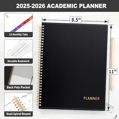 SUNEE Academic Planner 2025-2026 Weekly and Monthly, July 2025-June 2026, 8.5"x11", Tabs, Note Pages, Pockets, Bookmark, Flexible Cover, Spiral Binding, Black - Image 4