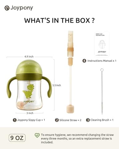 Joypony Sippy Cups for Toddlers 1-3, Spill Proof Weighted Straw Cup with Handle for Baby 6 Months + old, 2 Silicone Straws, PPSU, BPA Free, 9 oz (Green) - Image 6