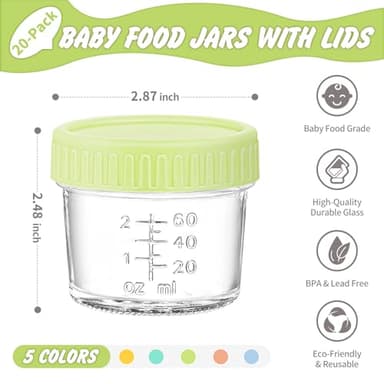 DRKIO 20 Pack Glass Baby Food Storage Containers 4 Oz Baby Food Jars with Lids Baby Food Maker Microwave Dishwasher Freezer Safe 100% Leak-Proof BPA Free - Image 2