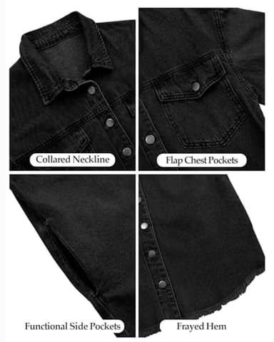 Vetinee Women's Concert Outfits for Women Oversized Boyfriend True Black Front Button Up Frayed Raw Hem Long Sleeve Pockets Denim Jean Jacket Shacket X-Large Size 16 Size 18 - Image 6