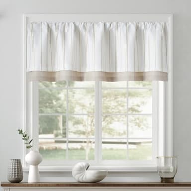 jinchan Striped Blackout Valance Curtain for Kitchen Linen Look Valance for Windows 18 Inch Modern Framhouse for Living Room Bedroom Bathroom Room Darkening Rod Pocket 1 Panel Yellow on White - Image 2