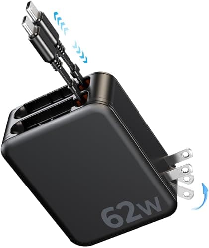 62W Retractable Wall Charger, [New GaN Fast Charging Tech] [Dual Cables] for PD USB C, USBC Port, Foldable Plug, Compact Travel Multi Charging Block Compatible with iPhone, Samsung, Tables, iPad - Image 1