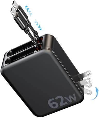 62W Retractable Wall Charger, [New GaN Fast Charging Tech] [Dual Cables] for PD USB C, USBC Port, Foldable Plug, Compact Travel Multi Charging Block Compatible with iPhone, Samsung, Tables, iPad - Image 1