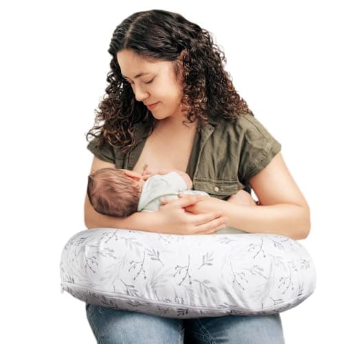 Boppy Nursing Pillow - Ergonomic Bottle & Breastfeeding Pillow with High, Firm, Large Area, Water-Repellent Cushion with Washable Cover; Baby Safety Alliance Verified - Gray Gentle Leaves - Image 1