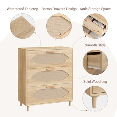 GAOMON 3 Drawer Rattan Dresser for Bedroom, Rattan Modern Dresser Wood Chest of Drawers, Wooden Storage Cabinets for Bedrooms, Hallways, Living Rooms, and Entryways, Easy Assemble, Natural - Image 5