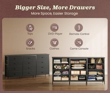 Huuger 63 Inch Long Dresser for Bedroom, TV Stand for 65, 70 Inch TV, 12 Drawer Dresser for Closet, Chest of Drawers, Large Fabric Drawers for Bedroom, Media Console with Storage, Black - Image 7