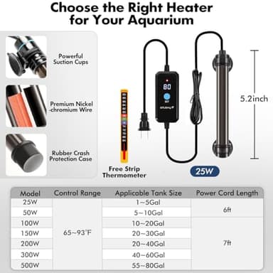 Orlushy 25W Submersible Mini Fish Tank Heater, Adjustable Aquarium Heater with Digital Display External Controller, Overheat Protection and Free Thermometer for 1-5 Gallon Freshwater & Saltwater Tank - Image 4
