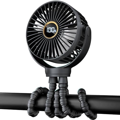 Portable Stroller Mini Fan, Small Rechargeable Personal Fan, Baby Travel Essentials for Wagon, Car Seat, Treadmill, Battery Powered Biking Gear Accessories, 360° Rotation, 3-Speed, Display, Black - Image 1