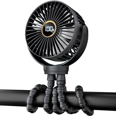 Portable Stroller Mini Fan, Small Rechargeable Personal Fan, Baby Travel Essentials for Wagon, Car Seat, Treadmill, Battery Powered Biking Gear Accessories, 360° Rotation, 3-Speed, Display, Black - Image 1