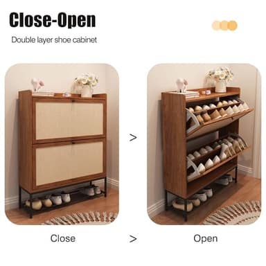 AVZEAR Narrow Shoe Storage Cabinet for Entryway with 2 Flip Drawers, Freestanding Shoe Cabinet with Natural Linen Panel, Slim Wood Shoe Organizer Closed Shoe Rack for Hallway, Foyer(Walnut) - Image 5