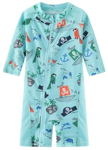 Toddler Baby Boys Swimsuit Rashguard One Piece Zipper Bathing Suit with Sun Hat Infant Swimwear Sunsuit UPF 50+（Pirate，18-24 Months） - Image 2