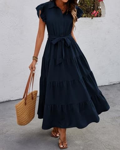 dowerme Women's Summer Casual Dresses 2025 Cap Ruffle Sleeve V Neck Button Belted Tiered Boho Maxi Dress with Pockets(Navy,Large) - Image 2