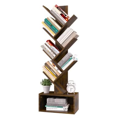 Yoobure Tree Bookshelf - 6 Shelf Retro Floor Standing Bookcase, Tall Wood Book Storage Rack for CDs/Movies/Books, Utility Book Organizer Shelves for Bedroom, Living Room, Home Office, Rustic Brown - Image 1