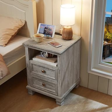SAVOR LIFE Farmhouse Nightstand Set of 2 with Charging Station, Rustic Grey Nightstand,2 Drawers End Table for Living Room,Bedside Table with Open Shelf for Bed Room,Grey - Image 8