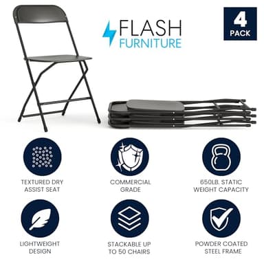 Flash Furniture Hercules Series Plastic Folding Chairs for Parties and Weddings, Stackable Commercial Event Seats with 650-lb. Static Weight Capacity, Set of 4, Black - Image 3