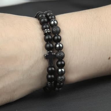 GDLKPYHS Black Obsidian Bracelets for Men - Cross Bracelet - Tourmaline Beaded Bracelets, 8MM Black Onyx Hematite Lava Stone Beads Triple Protection Bracelet for Men Women Gifts - Image 6