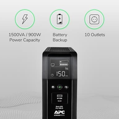 APC UPS 1500VA Sine Wave UPS Battery Backup, BR1500MS2 Backup Battery Power Supply, AVR, 10 Outlets, (2) USB Charger Ports - Image 3