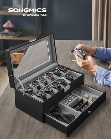 SONGMICS Watch Box, 12-Slot Watch Case Organizer with Large Glass Lid, 2 Layers, Removable Pillows, Metal Lock, Gift for Loved Ones, Black Synthetic Leather, Gray Lining UJWB012 - Image 2